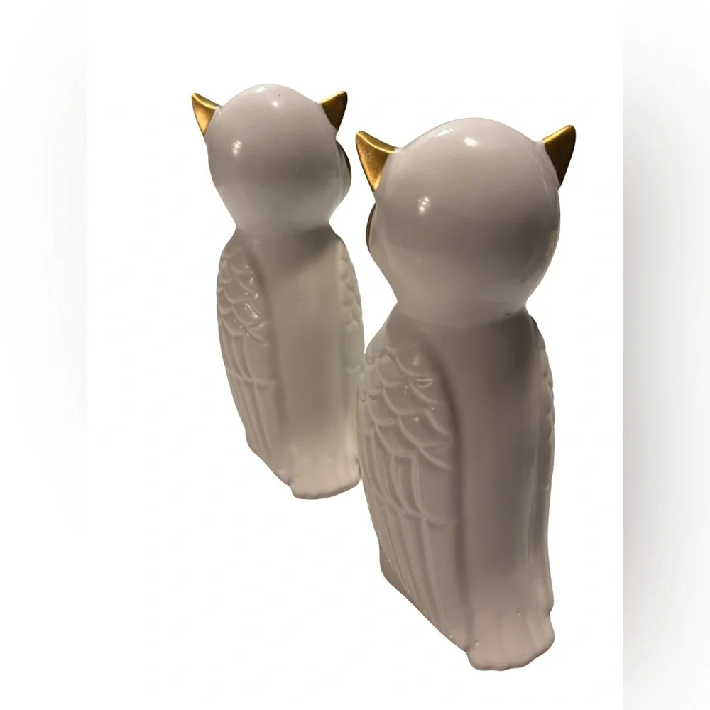 Pier 1 Set Of Elegant Gold and White Ceramic Owl Figurines